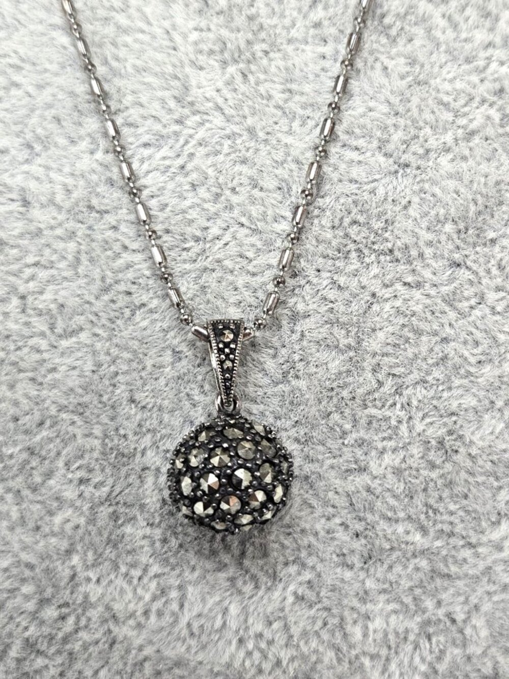 Silver and Marcasite Ball Pendant on 17" Sterling Silver Chain